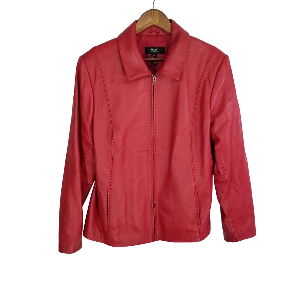 Alfani Red Genuine Leather Jacket Womens XL Full Zip Collared Pick-Stitch Moto